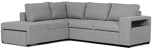 BUDWING Zurie Eck-Schlafsofa für 3, 4 oder 5 Personen mit Hocker, 2 Bettkästen & Regal – Rechte oder Linke Chaise Longue – Stoffbezug in Grau – Ideal für große Wohnzimmer & stilvolle Einrichtung