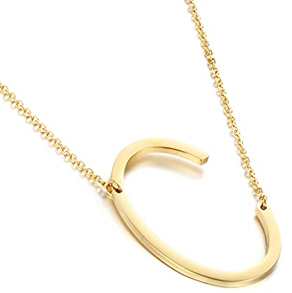 HIJONES Damen Edelstahl Seitlich Anfangsbuchstaben Halskette Choker Kette Alphabet Anhänger, Gold Buchstabe C