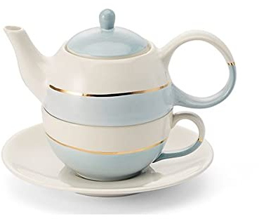 NEU teemando® Tea for one Set Lieske, blau Keramik mit Goldauflage, 4-teilig Kanne: 0,4 l, Tasse: 0,2 l