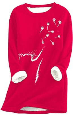 Yming Frauen Winter Nette Katze Pfote Muster Chirstmas Pullover Langarm Fleece Gefüttert Tops Plüsch Pullover Rot XXL