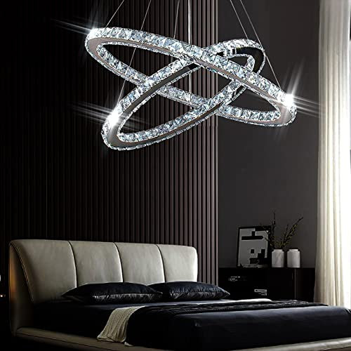 Modern Crystal Chandeliers Oval 2 Rings Pendant Lighting Adjustable Stainless Steel Ceiling Lights Fixtures for Dining Room Living Room Bedroom(Cool White)…