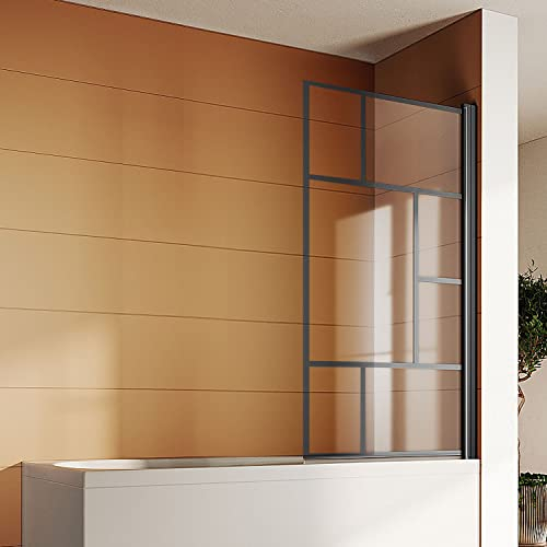 SONNI Duschwand für Badewanne mit schwarzem Gitterdesign NANO-GLAS Badewannenaufsatz faltbar 80x140 cm(BxH) Duschabtrennung Badewanne