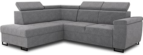 Sofnet Ecksofa Natan mit Schlaffunktion und einstellbare Kopfstützen - Wohnlandschaft mit Metallfüßen, Couchgarnitur, Bettkasten, Sofagarnitur, Sofa (Ecksofa Links, Grau (Paros 05))