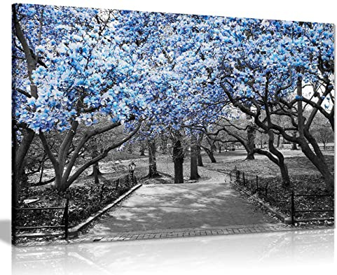 Blue Floral Canvas Wall Art 12x8 Inch, Ready to Hang Framed Print | Grey and Blue Blossom Pictures for Living Room, Bedroom, Hallway - Stretched on Pine Frame, Gallery Wrapped by Panther Print