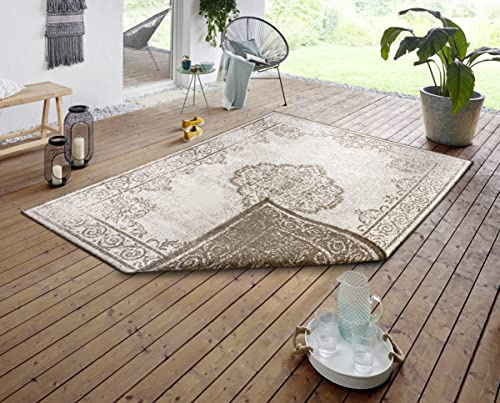 NORTHRUGS In- und Outdoor Teppich Cebu 160x230 - Wendeteppich Wetterfest Orientalisches Vintage Design Teppich für Balkon Terrasse Garten Wintergarten Wohnzimmerteppich Wasserfest in Linen