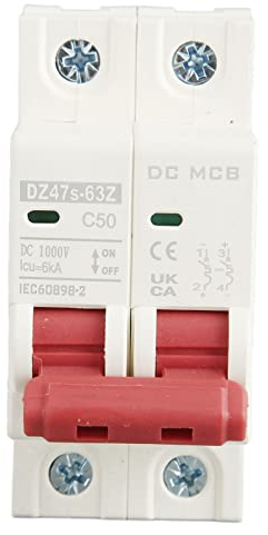 Disyuntor DC 1000V 50A 2P,Interruptor de Circuito Fotovoltaico,Interruptor Automático Magnetotérmico,para Sistema de Energía Solar y Sistema de Comunicación,Montaje en Carril DIN