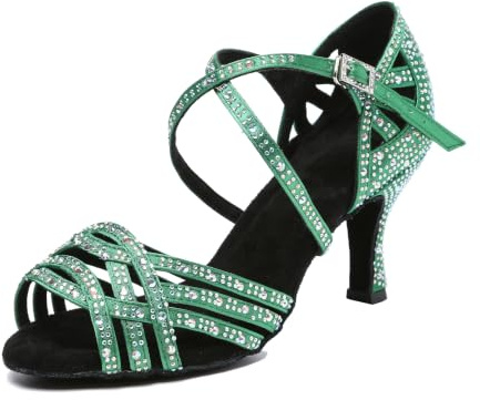 MINITOO Women's Ballroom Dance Shoes Glitter Rhinestones Salsa Latin Dancing Heels L357 Green UK 2.5