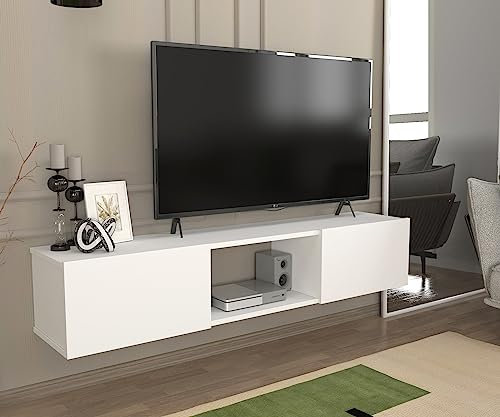 DORPEK Neton Tv Stand White 150 Cm, Wall Mounted Tv Unit with 2 Closed Shelves, Floating Media Stand with Open Storage Shelves, Entertainment Unit for Living Room, Bedroom and Dining Room