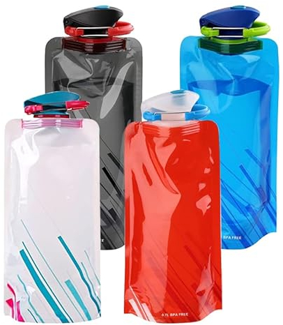 GERUI 4 bottiglie d'acqua pieghevoli, 700 ml, per sport all'aria aperta, in plastica, pieghevoli, riutilizzabili, per escursioni, avventure, viaggi