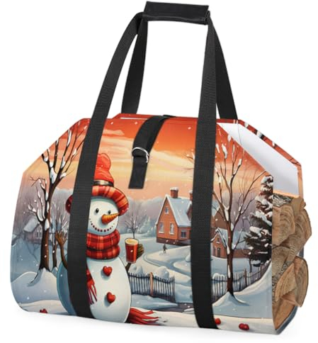 Weihnachten Schneemann Schneeflocke Liebe Herz Brennholz Log Carrier mit Griff, Große Kapazität Brennholz Aufbewahrungstasche Holz Tragetasche Kamin Holzofen Zubehör Halter für Camping BBQ Kamin