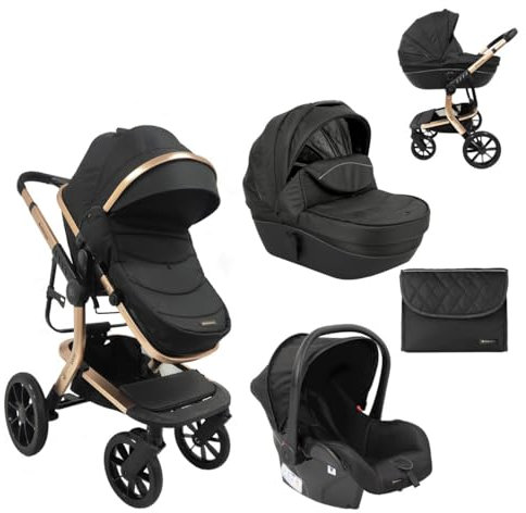 Kikkaboo Kombikinderwagen Irene 3 in 1 Babywanne Autositz Adapter Wickeltasche, Farbe:schwarz gold