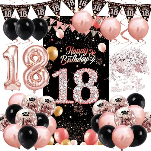 Ziwijity Decorazioni per il 18° Compleanno Palloncini con Banner su Sfondo in Oro Rosa, 18 Palloncini in Foil con Numeri, Decorazione per Festa di Compleanno di 18 Anni per Donne e Uomini (18° Oro Ro