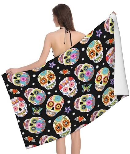 LAMAME Sugar Skulls bedrucktes Badetuch, leicht, Strandtuch, tragbares Mikrofaser-Badetuch
