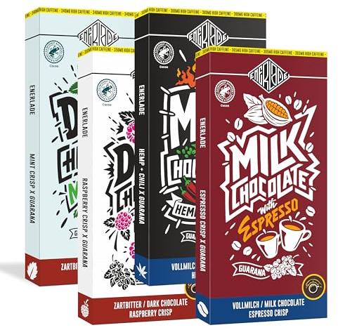 ENERLADE - Set di campioni (4 x 100 g) ciascuno, 1 lampone, menta, canapa e peperoncino, espresso, cioccolato al guaranà, caffeina, commercio equo e solidale, prodotto in Germania