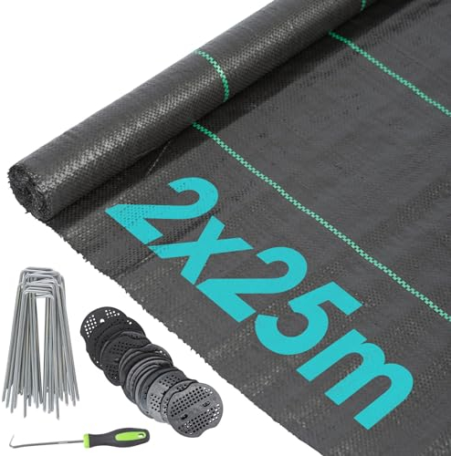 Harbour Housewares 110gsm Weed Control Membrane 2m x 25m Coverage (1 Roll) with Pegs & Plates - Heavy Duty Weed Control Fabric Barrier Ground Cover for Garden, Patios, Flower Beds, Landscaping