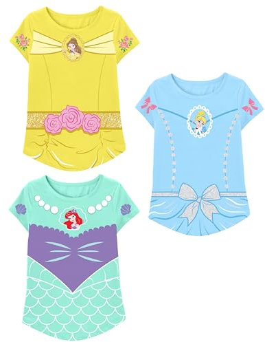 Disney Princesse T-shirt pour filles (ensembles) Jasmine Ariel Tiana Blanche-Neige Belle Raiponce Cendrillon Mulan Aurora Moana Vêtements, Jaune/bleu/bleu sarcelle, 7 ans