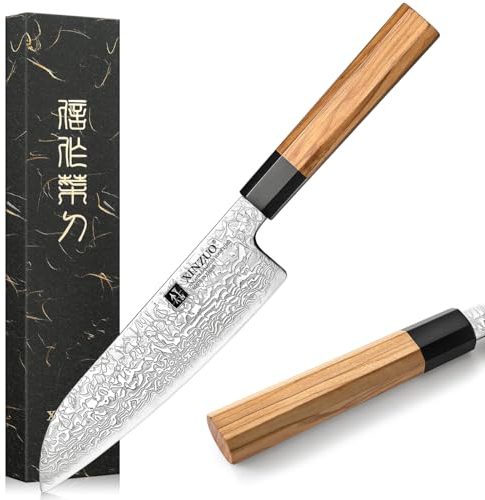XINZUO 18,5cm Santokumesser, 67 Schichten Damaststahl Küchenmesser Multifunktions Damastmesser Profi scharfes Kochmesser Fleischmesser-Handgefertigter achteckiger Griff aus Olivenholz -Zhen Serie