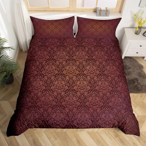 Homewish Bettwäsche-Sets im Vintage-Stil, Rot-Gold, Ombré-Blumenmuster, King-Size, Boho-Paisley-Damast-Bettwäsche-Sets, königlicher viktorianischer Barock, Trösterbezug für Erwachsene, exotische