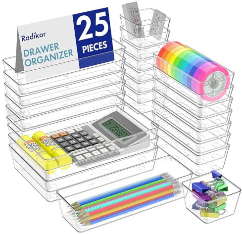 Radikor Drawer Organiser Set, 25pcs Clear Plastic Makeup Drawer Organiser Trays, 4-Size Desk Drawer Inserts/Dividers, Acrylic Storage Bins for Makeup, Cosmetic, Vanity, Officce, Bathroom