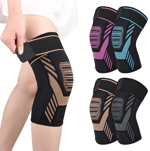 Bcautay 1 Stück Kompression Knie Bandage Kniebandage mit Verstellbarer Klettverband für Meniskusriss Arthritis ACL Gewichtheben Basketball (Gold, XXL)