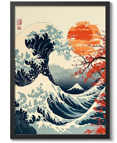 The Great Wave Poster Japanischer Anime-Stil Druck Great Wave Woodblock Animal Wall Art Archival Matt A3 (Schwarzer Rahmen) - 42 x 29,7 cm