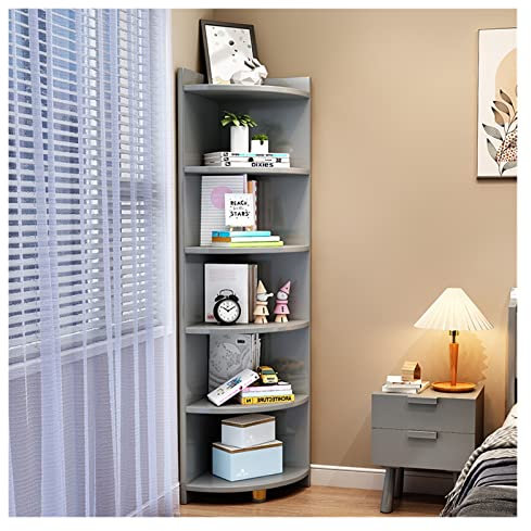 Eckvitrine aus Massivholz für Wohnzimmer, Schlafzimmer, dreieckiger Aufbewahrungs-Organizer (6 Ebenen, grau, 30 x 30 x 180 cm)