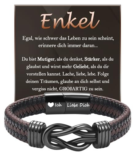 FAOMZQ Geschenke für Enkel, Lederarmband mit Gravur für Enkel, Enkel Armband Geschenke von Oma Opa Großeltern zum Geburtstag Weihnachten Abschluss Einschulung