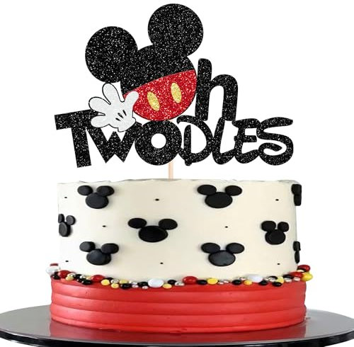 Xsstarmi 1 Pack Mouse 2nd Birthday Cake Topper Glitter Mini Cake Pick Black Red Two Oldes Cake Decorations for Baby Shower Happy 2nd Birthday Party Supplies