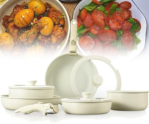 Ensemble de casseroles et poêles 5 pièces, Ensemble de casseroles antiadhésives avec poignée Amovible et Couvercle visuel, pour Faire bouillir, Frire, Sauter, Batterie de Cuisine gastronomique