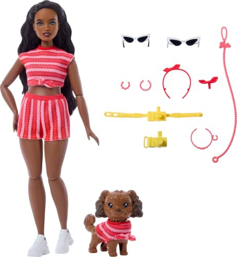 Barbie Twinning Looks Puppe mit Hund in passender rot gestreifter Kleidung und Accessoires für Sonnenbrille und Stirnbänder, gewelltes schwarzes Haar