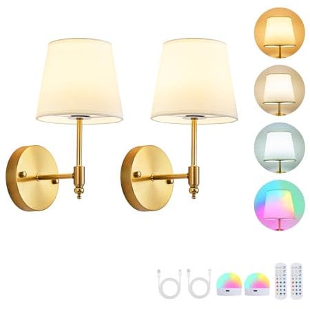 Pingxihule PXFLCRY Battery Operated Wall Sconce Set of 2,Gold Wireless Wall Light with Remote Control,RGB Dimmable 15 Colors,Rechargeable Bulbs Cordless Lamp for Indoor Bedroom Bathroom Living Room