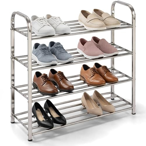 Ploutos World Wide 4 Tier Stainless Steel Shoe Storage Display Rack, 4 Shelves Heavy Duty Strong Stainless Steel Shoes Organiser Rack Holds 12 Pairs Non-Slip Rack