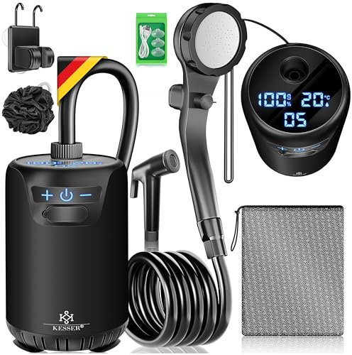 KESSER® Campingdusche Mobile Dusche mit Pumpe & wiederaufladbarem Akku 8000mAh | Camping Dusche Set inkl. einstellbarem Duschkopf, 2m Schlauch, Sprühpistole & Halterung