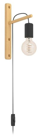 EGLO Wandlampe innen Pockley, Wandleuchte Vintage Natur, Wandbeleuchtung höhenverstellbar mit Stecker und Schalter, helles Holz und schwarzes Metall, FSC Zertifiziert, E27 Fassung