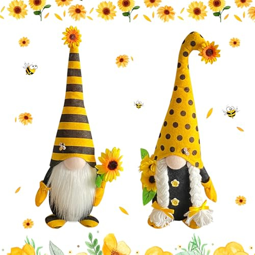 ACAREY Frühling Wichtel, Frühlingsdeko, Sonnenblume Wichtel Deko, Bienen Rudolph Puppe Figuren, Frühling Sommer Sonnenblume Wichtel für Home, Farmhouse, Kitchen, Muttertag Dekoration (2 Stück)