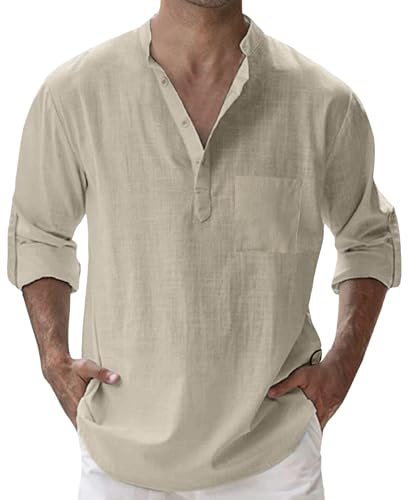 e di Illuminazione Camicia Lino Uomo Collo Coreana Manica Lunga Camicie da Spiaggia Cotone Primavera Estate Maglia Elegante Tinta Unita Casual Henley Shirts Traspirante