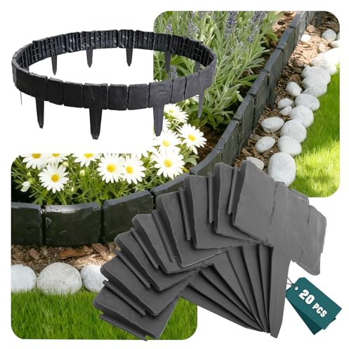 VOUNOT® Bordura per Aiuola Effetto Pietra 5m, Bordo Giardino Decorativa in PP Resistente, Facile da Installare per Vialetti, Aiuole e Prati, Set da 20 Pezzi, Grigio