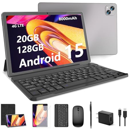 ITDULCET Android 15 Tablet 10 Pulgadas, 20GB RAM + 128GB ROM (Ampliable 2TB), WiFi 2.4/5G+4G LTE, Octa-Core, batería 8000mAh, cámaras 13MP+5MP, con Teclado, Funda, ratón y lápiz óptico.