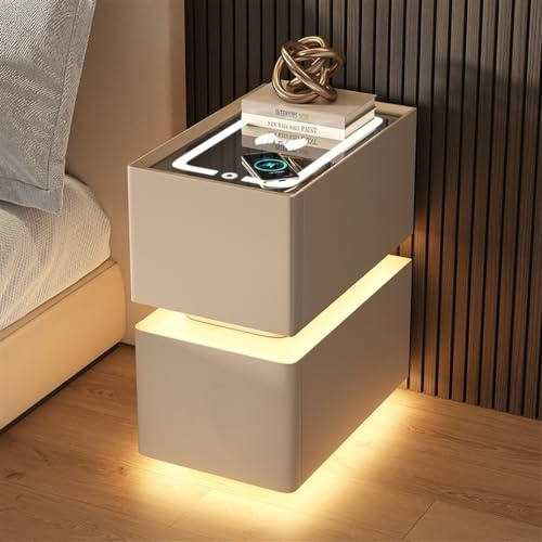 Table de chevet intelligente et étroite avec chargement sans fil, table de chevet LED, 2 tiroirs, plateau en verre trempé, cuir microfibre, idéale pour les petits espaces (kaki, 30 x 40 x 48 cm)