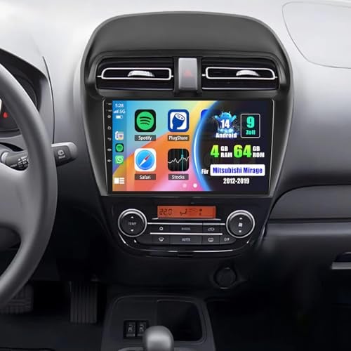 4+64GB 9 Zoll Autoradio Android 14 für Mitsubishi Mirage 2012-2019, 2DIN Carplay Android Auto mit Bluetooth FM GPS Navi WiFi Geteilter Bildschirm Lenkradsteuerung AHD Kamera Mic