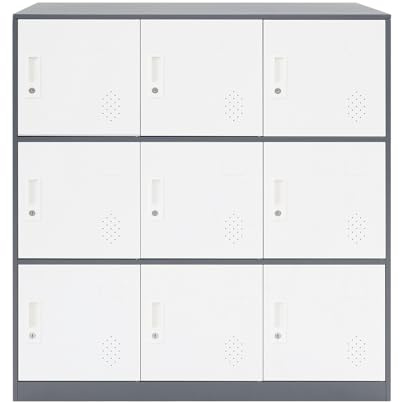 DJOAIUYF Schließfachschrank 9 Fächer Spind Kleiner abschließbarer,Mitarbeiterschrank,Büroschrank Mehrzweckschrank kaltgewalzter Stahl Aufbewahrungsschrank,Stahlschrank Abschließbar (Weiß + Grau)