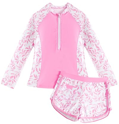 Badeanzug Mädchen mit Gepolsterte BHS Gr 128-158, Langarm Kinder UV Badebekleidung Tankini mit Badeshirt & Shorts, Teenager Schwimmshirt UV Shirt Schwimmanzug, Rosa Blätter 9-10 Jahre/134-140