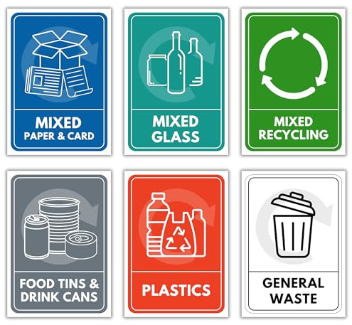Recycling Bin Stickers Pack of 6 – Self Adhesive Waterproof Vinyl Waste & Recycling Labels – 150 x 100mm Peel and Stick Bin Signs for Paper Glass Plastics Cans & General Waste