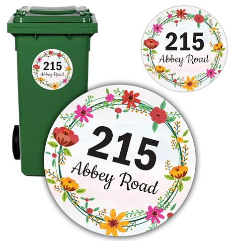Personalised Bin Number for Wheelie Bin Stickers, Custom House Number & Street Name, Waterproof Circle Vinyl Decal, Round Floral Garland