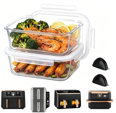 2er Set Glasauflaufform für COSORI 2 Kammern 8,5L/Ninja Dual 9,5L, Borosilikatglas hitzebeständig & kratzfest, Auflaufform mit Deckel für Dual-Zone Modelle, Ofen & Mikrowelle geeignet