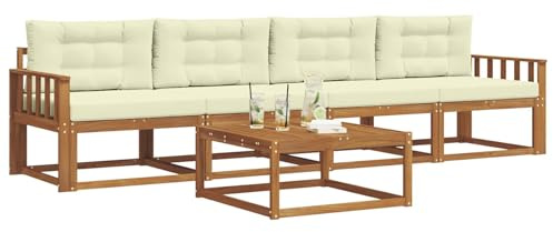 vidaXL Outdoor-Sofagarnitur mit Kissen 5 pcs Natur und Creme, Stylische Gartenmöbel, modernes Sofa-Set, langlebige Möbel für Poolbereich, Bequeme Sitzgelegenheiten für die Terrasse