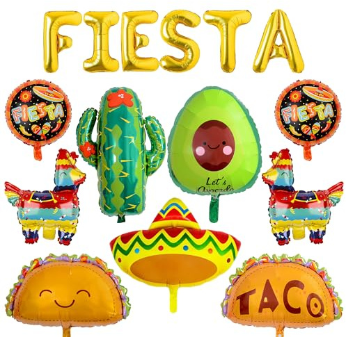 Fiesta Mexikanische Party Deko Folienballon - 14 Stück Deko fur Party | Mexikanische Deko Folienballons mit Motiven wie Papel Picado Girlande, Kaktus, Taco, Lama, Avocado Sombrero für Fiesta Party