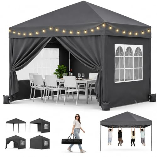 Acekool Pavillon 3x3 Wasserdicht Stabil, Faltpavillon 3x3 mit 4 Seitenwänden,Partyzelt UV50+,Verdickter Rahmen,Pop Up Pavillon für Garten,Terrasse,Markt und,Hochzeiten Party,Grau