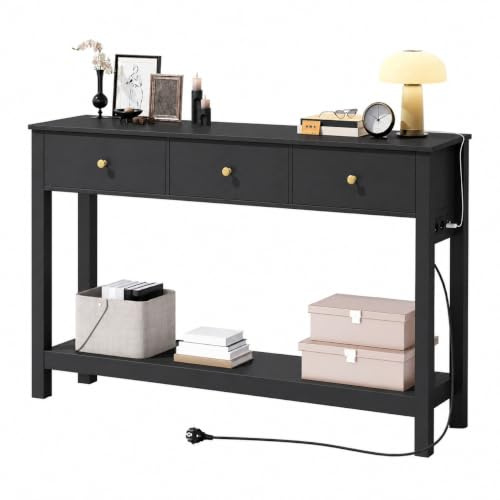 Xbro Table Console 130 x 30 x 80 cm, Console d’Entrée avec Prise Intégrée, Ports USB, 3 Tiroirs et Étagère, Multiprise Réversible à Gauche ou à Droite, pour Couloir, Salon, Noir