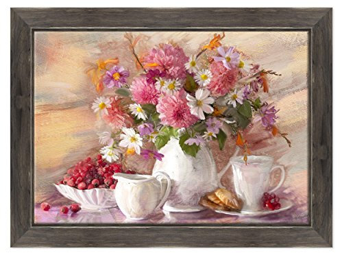 Quadro su Tela Canvas INTELAIATO - con Cornice - Natura Morta - Vaso con Fiori Rosa e Bianchi - 70x100cm - Stile Country Nero Shabby - (cod.1704)